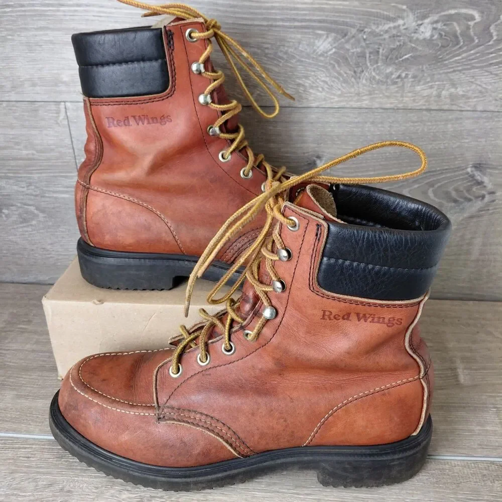 Red Wing 404 Boots Mens 6.5B Brown Leather Mock Toe Super Sole Work Boot USA VTG